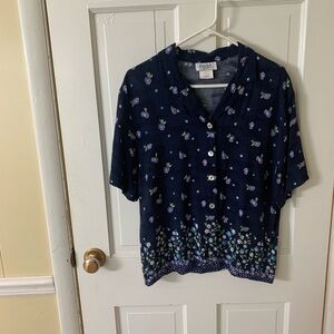 Teddi Navy Blue Short Sleeve Floral Button-Up Blouse